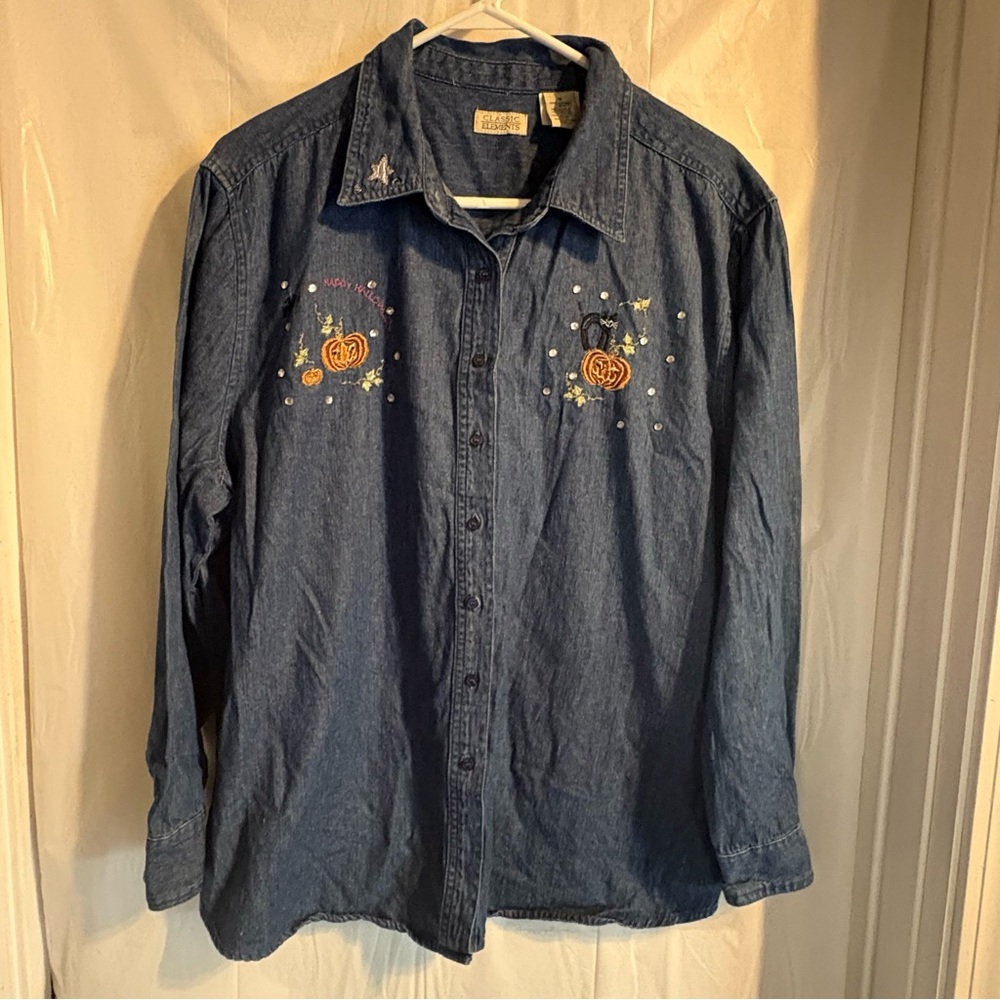 Vintage Blue Denim Shirt Womens Sz 16‎ Halloween Pumpkins Cat Long Sleeve Fall
